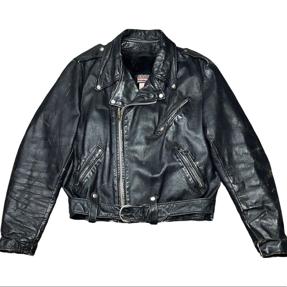 Vintage 1960s BROOKS Leather Motorcycle Jacket w/ Belt & Liner Harley Davidson L